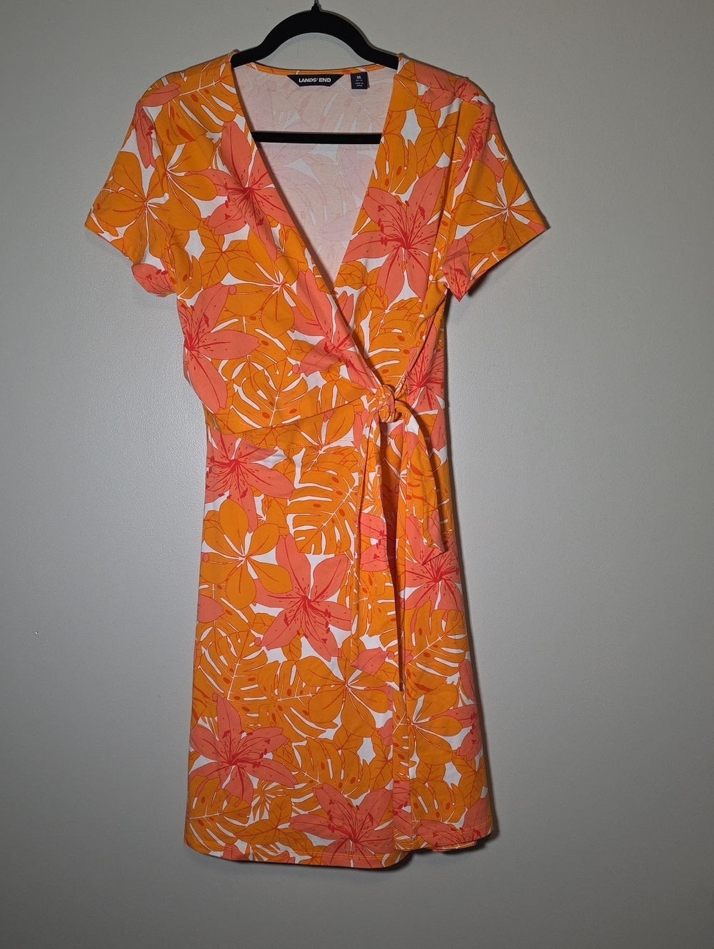 Lands' End Orange and Coral Floral Wrap Mini Dress